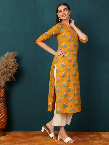 Cotton  Calf length Length Floral  Straight 3/4 Sleeves V  Kurta