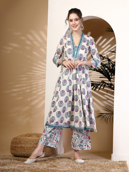 Blue Cotton Calf Length Printed V-Neck Anarkali Kurta Suit Set