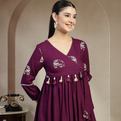 Gulmohar Jaipur Rayon Hip Length Printed 3/4 Sleeves V-Neck Flared Top
