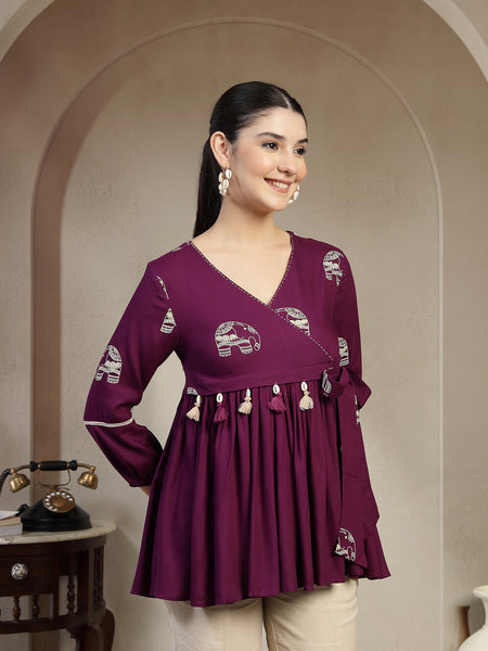 Gulmohar Jaipur Rayon Hip Length Printed 3/4 Sleeves V-Neck Flared Top