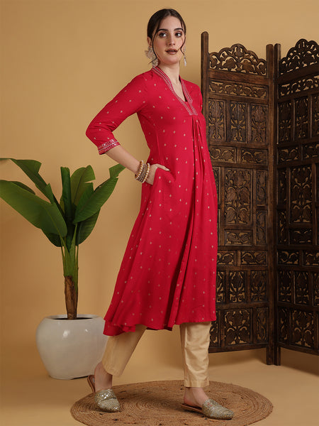 Coral Rayon Calf Length Solid Semi-Flared V-Neck Kurta