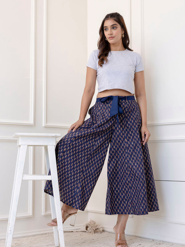 Blue Cotton Calf Length Printed Flared Palazzo