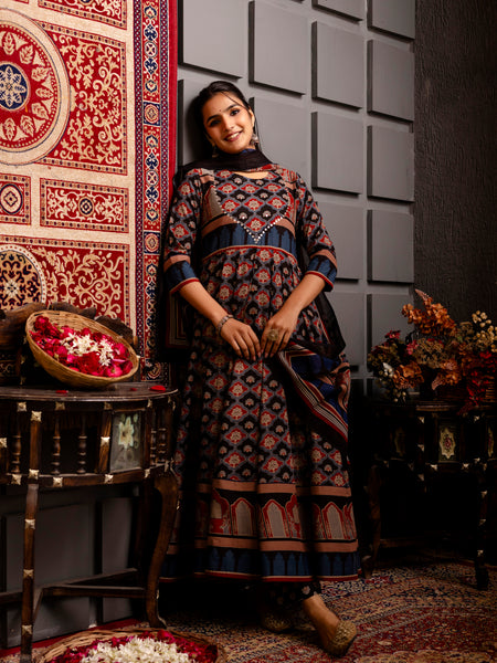 Navy Blue Cotton Calf Length Printed Anarkali Round Neck Kurta Suit Set