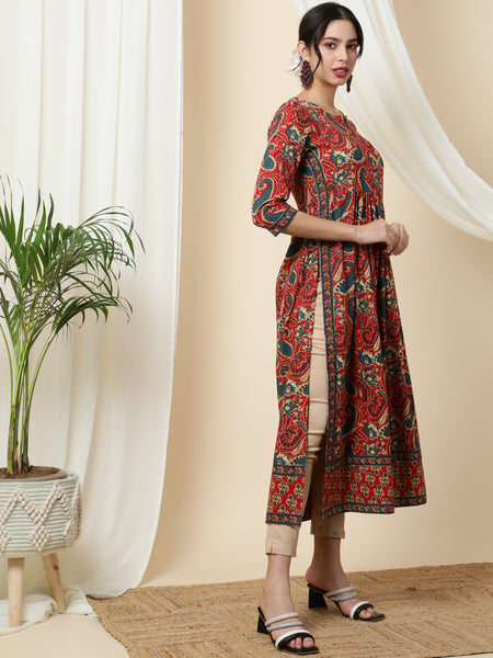 Rayon Calf Length Printed Semi-Flared 3/4 Sleeves Round Kurta