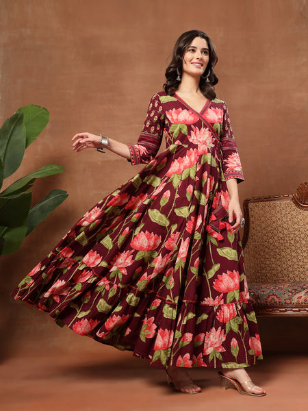 Cotton Ankle Length Printed 3/4 Sleeves V-Neck Flared Kurta