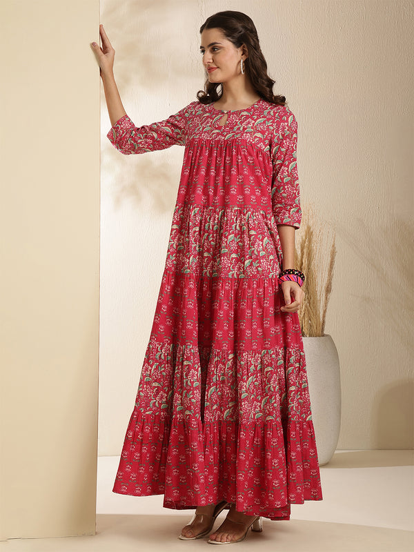 Pink Pure Cotton Printed 3/4 Sleeves Key Hole Neck Anarkali Gown