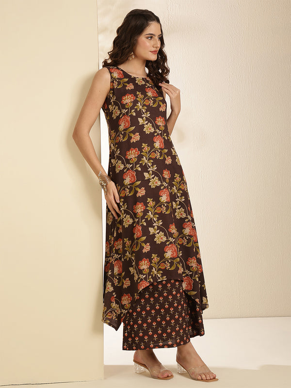 Brown Rayon Printed Sleeveless Round Neck Asymmetrical Kurta Bottom Set
