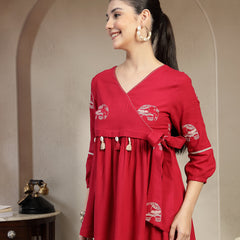 Gulmohar Jaipur Rayon Hip Length Printed 3/4 Sleeves V-Neck Flared Top