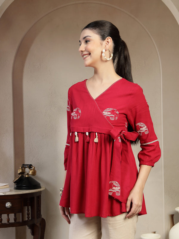 Gulmohar Jaipur Rayon Hip Length Printed 3/4 Sleeves V-Neck Flared Top