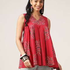 Cotton Hip Length Printed Sleeveless V-Neck Flared Top