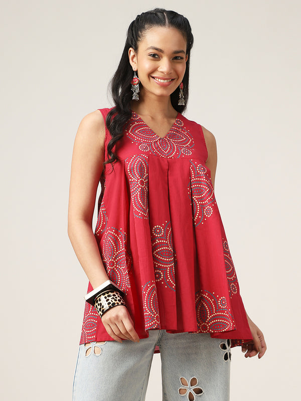 Cotton Hip Length Printed Sleeveless V-Neck Flared Top