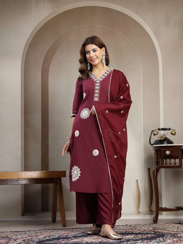 Cotton Calf Length Solid 3/4 Sleeve V-Neck Straight Kurta Suit Set