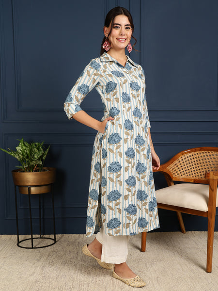 Blue Cotton Flex Calf Length Printed Shirt Coller Straight Kurta