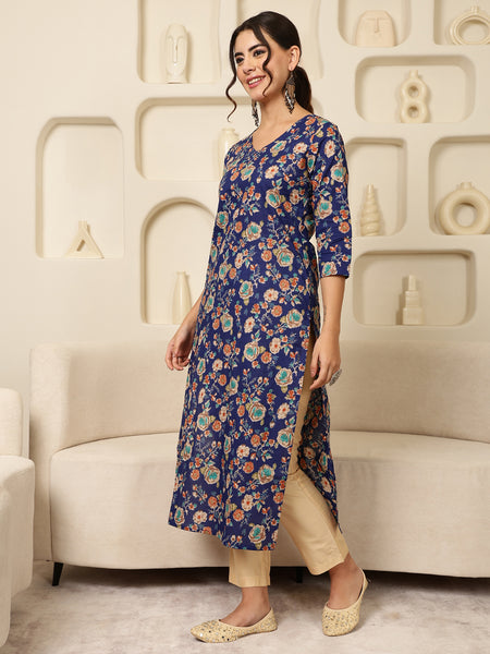 Blue Cotton Calf Length Printed V-Neck Straight Kurta