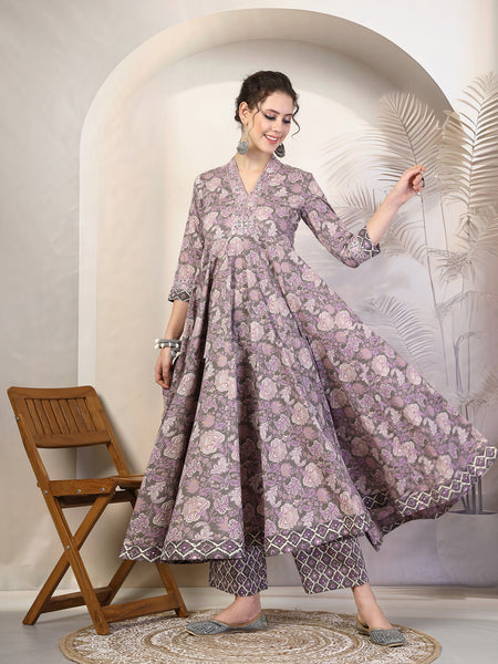 Purple Cotton Calf Length Printed V-Neck Flared Kurta Suit Set