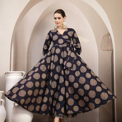 Gulmohar Jaipur Cotton Calf Length Printed 3/4 Sleeve V-Neck Anarkali Kurta Suit Set