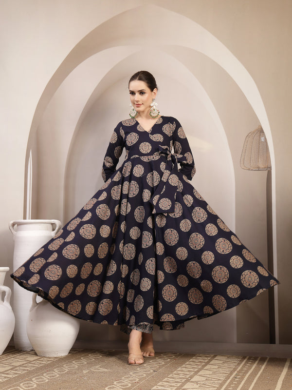 Gulmohar Jaipur Cotton Calf Length Printed 3/4 Sleeve V-Neck Anarkali Kurta Suit Set