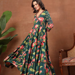 Cotton Ankle Length Printed 3/4 Sleeves V-Neck Flared Kurta