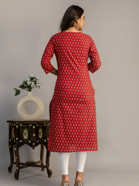 Maroon Cotton Calf Length Printed Straight Round Neck Kurta