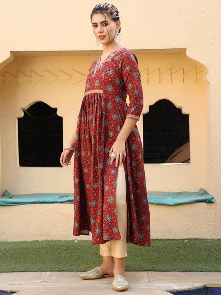 Maroon Cotton Calf Length Printed Semi-Flared V-Neck Kurta
