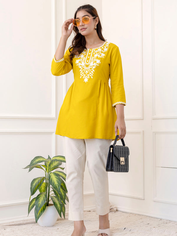 Yellow Rayon Hip Length Solid Round Neck Solid Embroidered Straight Top