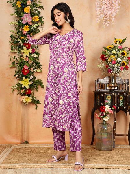 Purple Cotton Calf Length Printed V-Neck Straight Kurta Suit Set
