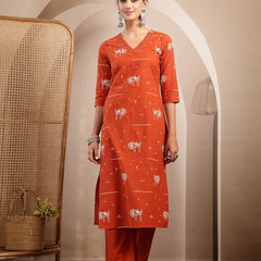 Gulmohar Jaipur Rayon Calf Length Printed 3/4 Sleeves V-Neck Straight Kurta Suit Set