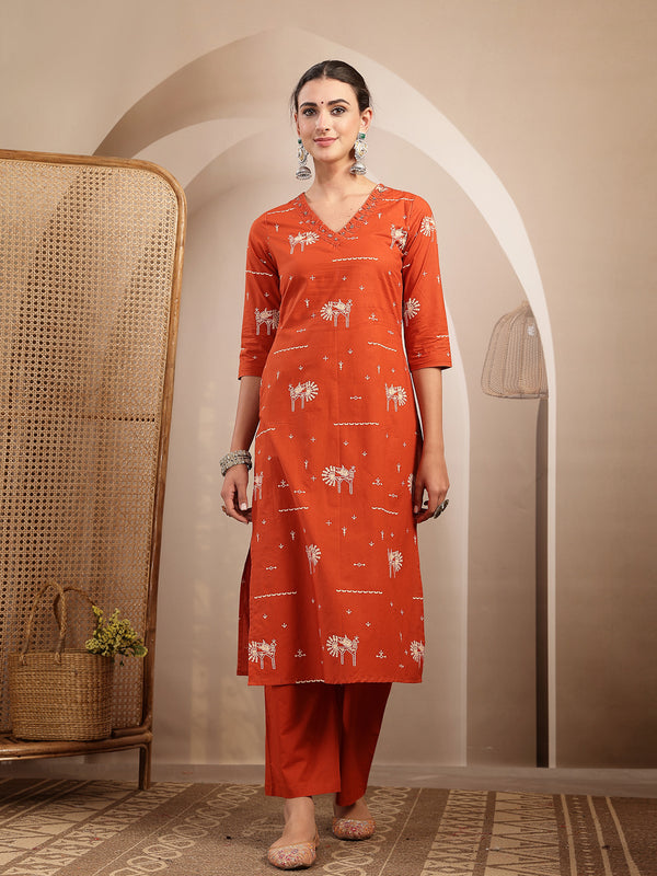 Gulmohar Jaipur Rayon Calf Length Printed 3/4 Sleeves V-Neck Straight Kurta Suit Set