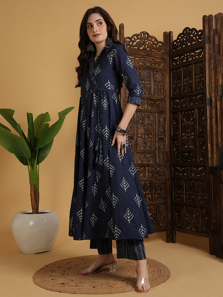 Navy Blue Cotton Calf Length Printed Flared V-Neck Kurta Suit Set