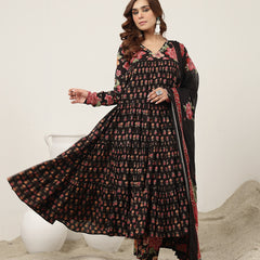 Cotton Calf Length Printed Full Sleeve V-Neck Flared Kurta Suit Set