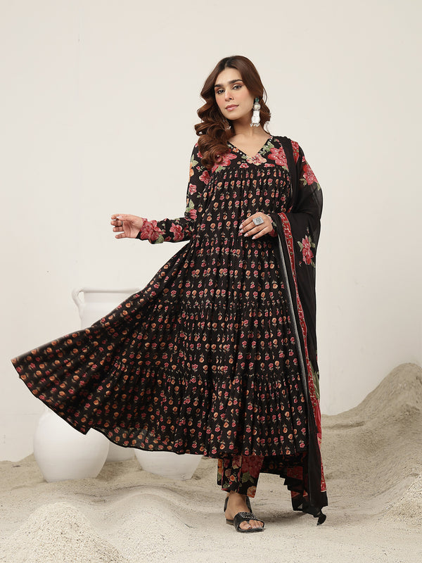 Cotton Calf Length Printed Full Sleeve V-Neck Flared Kurta Suit Set
