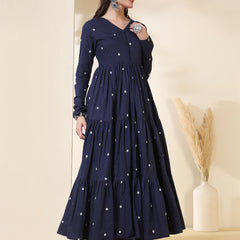 Cotton Ankle  Length Printed Full- Sleeves V-Neck Tired Kurta Suit Set