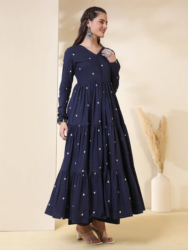 Cotton Ankle  Length Printed Full- Sleeves V-Neck Tired Kurta Suit Set