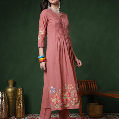 Peach Rayon Calf Length Solid 3/4 Sleeves Round Neck Semi-Flared Kurta Suit Set