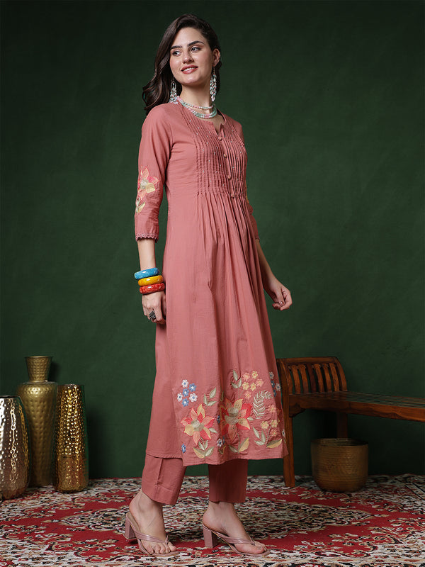 Peach Rayon Calf Length Solid 3/4 Sleeves Round Neck Semi-Flared Kurta Suit Set