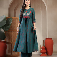 Gulmohar Jaipur Rayon Calf Length Printed 3/4 Sleeves Round Neck A-Line Kurta Suit Set