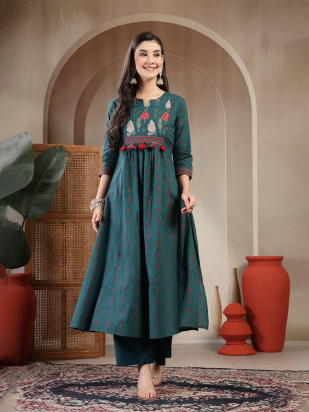 Gulmohar Jaipur Rayon Calf Length Printed 3/4 Sleeves Round Neck A-Line Kurta Suit Set