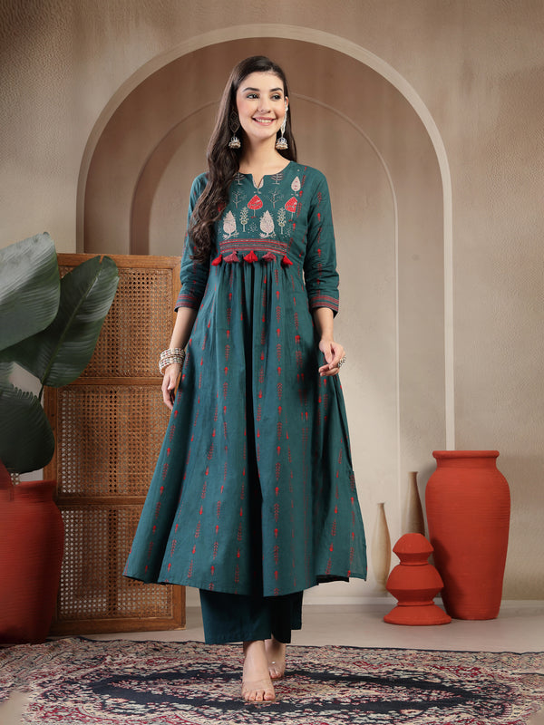 Gulmohar Jaipur Rayon Calf Length Printed 3/4 Sleeves Round Neck A-Line Kurta Suit Set