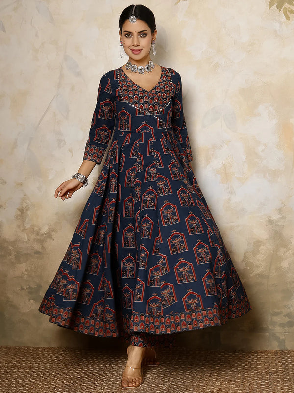 Cotton Calf Length Printed V-Neck Anarkali Kurta Suit Set