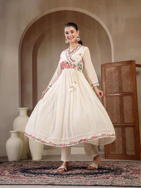 Gulmohar Jaipur Cotton Calf Length Solid Full Sleeves Anrakha Neck Flared Kurta Suit Set