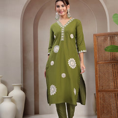 Cotton Calf Length Solid 3/4 Sleeve V-Neck Straight Kurta Suit Set