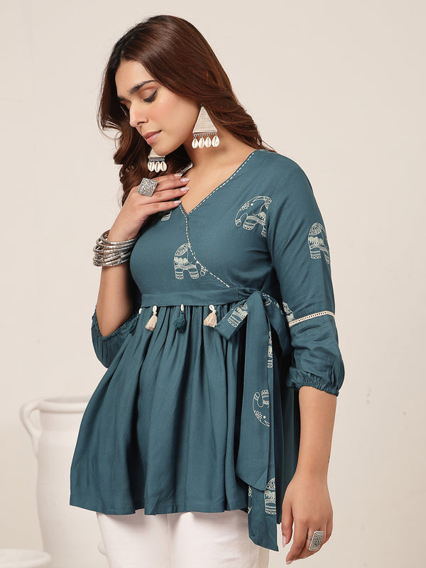 Rayon Hip Length Printed 3/4 Sleeve V-Neck Flared Top