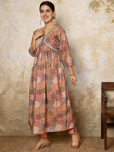 Pink Rayon Calf Length Printed V-Neck Flared Kurta Suit Set