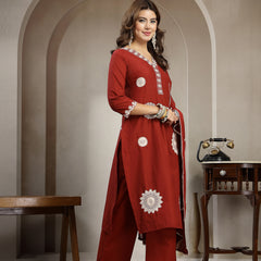 Cotton Calf Length Solid 3/4 Sleeve V-Neck Straight Kurta Suit Set