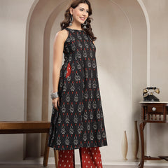 Cotton Calf Length Printed Sleeveless Round Neck Flared Kurta Suit Set