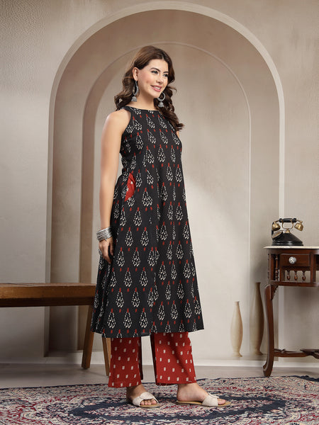 Cotton Calf Length Printed Sleeveless Round Neck Flared Kurta Suit Set