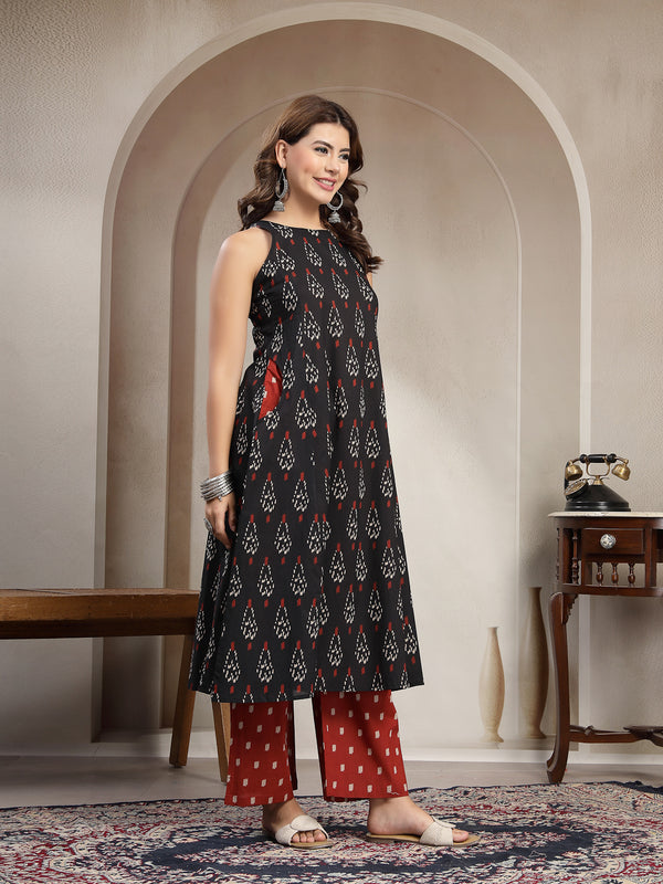 Cotton Calf Length Printed Sleeveless Round Neck Flared Kurta Suit Set
