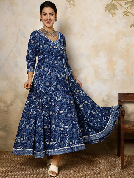 Indigo Cotton Calf Length Printed Flared V-Neck Kurta Suit Set