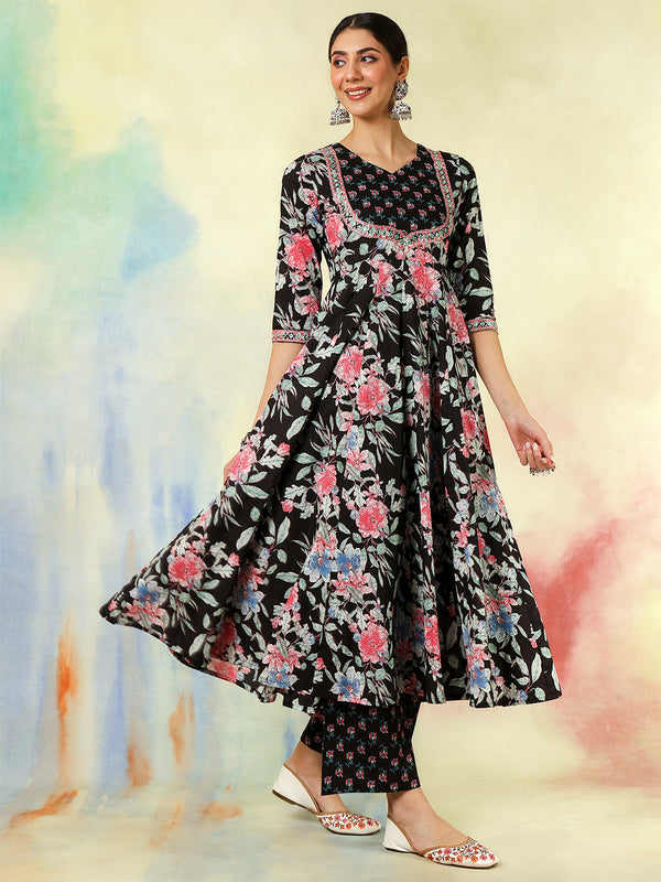 Black Pure Cotton Printed Embroidered Anarkali Kurta Suit Set