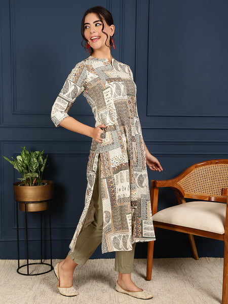 Cotton Flex Calf Length Printed Mandarin Coller A-Line Kurta